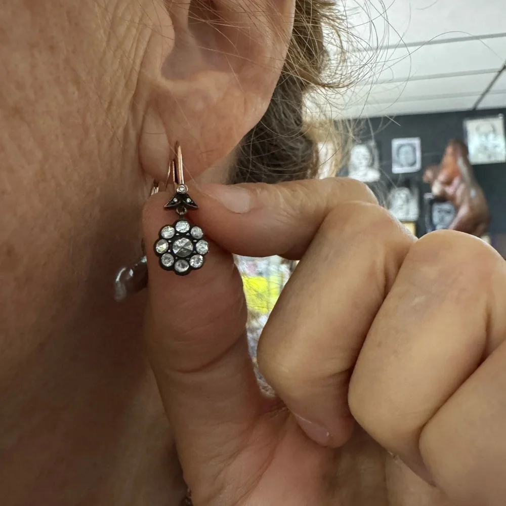 9k Rose gold Diamond Flower dangle Earrings - Picture 5 of 7